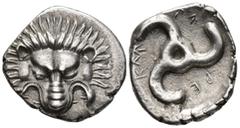 GREEK DYNASTS OF LYCIA.Perikles (c. 380–360 BC). 1/3 Stater (AR, 17 mm, 2.83 g), uncertain mint. Facing lion's scalp / Lycian inscription ('Perikle'), Triskeles. Müseler VIII, 48 Extremely fine.