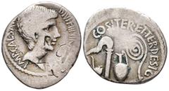 ROMAN REPUBLICAN C. Caesar Octavianus. Denarius (AR, 21 mm, 3.49 g), mint moving with Octavianus, 37 BC. IMP CAESAR DIVI F III VIR ITER R P C Bearded head of Octavian right / COS ITER ET TER DESIG Sim