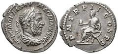 ROMAN IMPERIAL Macrinus (AD 217–218). Denarius (AR, 20 mm, 3.06 g), Rome mint, 218. IMP C M OPEL SEV MACRINVS AVG Laureate and draped bust of Macrinus right, seen from behind / P M TR P II COS P P Mac