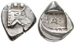 GREEK LYCIA. Phaselis. Tetrobol (AR, 16 mm, 3.52 g), c. 500–440 BC. Prow of galley right in the form of a forepart of a boar / ΦΑΣ Stern of galley left within incuse square. Heipp-Tamer Series 4, Emis