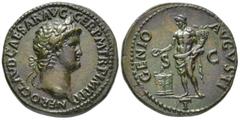 ROMAN IMPERIAL Nero (AD 54–68). As (AE, 24 mm, 7.65 g), Rome mint, AD 64. NERO CLAVD CAESAR AVG GER P M TR P IMP P P Head of Nero, laureate, right / GENIO AVGVSTI Genius standing facing, head left, nu