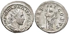 ROMAN IMPERIAL Philippus I Arabs (AD 244–249). Antoninianus (AR, 22 mm, 3.93 g), Rome mint, AD 246. IMP M IVL PHILIPPVS AVG Bust of Philip I right, radiate, draped and cuirassed, seen from behind / P 