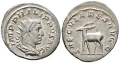 ROMAN IMPERIAL Philippus I Arabs (AD 244–249). Antoninianus (AR, 24 mm, 4.43 g), Rome mint, AD 248. IMP PHILIPPVS AVG Bust of Philippus I right, radiate, draped and cuirassed, seen from behind / SAECV