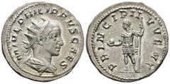 ROMAN IMPERIAL Philippus II, Caesar (AD 244–247). Antoninianus (AR, 23 mm, 4.57 g), Rome mint, struck unter Philippus I Arabs, AD 246–247. M IVL PHILIPPVS CAES Bust of Philippus II right, radiate, dra