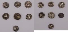 GRÈCE. Lot de 7 monnaies d'argent. - ATHÈNES : Tétradrachme à la chouette - AGRIGENTE : Didrachme au crabe - CAMPANIE, Naples : 2 didrachmes - TARENTE : didrachme au dauphin - CORINTHE : 2 statères au