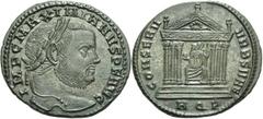 Nummus frappé à Aquilée à l’été 307.Tête barbue et laurée à droite. R/. Rome assise à gauche dans un temple. A l’exergue : AQS. (RIC, n° 118). Billon. 6,40g (0h). Avec son argenture. Superbe.