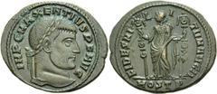 Nummus frappé à Ostie en 309-312.Tête barbue et laurée à droite. R/. La Fides militum debout. (RIC, n° 45). Billon. 6,75g. (0h). Très Beau.