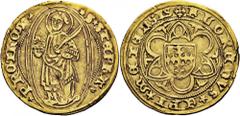 Seconde période, monnayage copiant celui de la Cité (1552-1555). Florin d’or.A/. Saint Étienne nimbé, debout de trois quarts, tenant la palme et la pierre de sa lapidation, dans une ellipse. R/. Croix