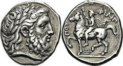 Tétradrachme, Amphipolis, (vers 355-349/348). A/. Tête laurée et barbue de Zeus à droite. R/. Cavalier nu, au pas à gauche, tenant une palme. Trident au-dessous. - Références : Le Rider, n° 91 pl. 26 