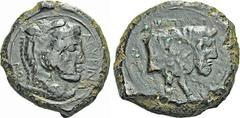 MONNAIES GRECQUES: SICILE ET CARTHAGE AGYRIUM. Drachme, (vers 344-336). A/. Dans un cercle, Tête d'Héraclès coiffée de la peau de lion à droite. R/. Protomé de taureau à droite. - Références : Calciat