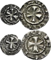 MONNAIES FÉODALES Évêché du PUY. ÉGLISE NOTRE-DAME (Xe siècle). Denier et obole. Inscriptions autour d'une croix. Références : Denier, Duplessy, n°838 - Fécamp, n°8522 (denier) - Poey d'Avant, n°2227 