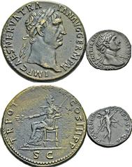 EMPIRE ROMAIN EMPIRE ROMAIN. TRAJAN (98-117). Sesterce, Rome, 99/100. A/. Tête laurée à droite. R/. TR POT COS III PP SC. La Paix assise à gauche. (Cohen, n°624 – RIC, n°413). – Denier, Rome, 114/117.