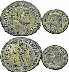 ROME ET BYZANCE ROME ET BYZANCE. EMPIRE ROMAIN. MAXIMIEN HERCULE. Follis, Lyon (301/303). Buste à droite. R/. Génie. (RIC, n°109b p.250). Billon. 11,50 g. - Petit bronze posthume, Rome (317-318), 1ère