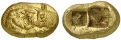 GRIECHISCHE MÜNZEN LYDIA Kroisos, 561-546 v. Chr. AV-Stater (leichter Standard), Sardeis; 8,04 g. Löwen- und Stierprotome einander gegenüber//Zwei Incusa. SNG v. Aulock 2875.RR Sehr schön Kroisos, der