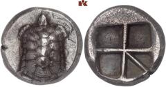 GRIECHISCHE MÜNZEN AEGINA. AEGINA. AR-Stater, 445/430 v. Chr.; 11,81 g. Landschildkröte//Fünffach geteiltes Incusum. Hoover 437; SNG Delepierre 1535 ff. R Herrliche Patina, fast vorzüglich Erworben am