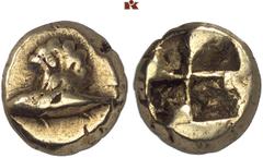 GRIECHISCHE MÜNZEN MYSIA. KYZIKOS. El-1/12 Stater, 600/500 v. Chr.; 1,32 g. Geflügelter Thunfisch l.//Viergeteiltes Incusum. Hurter/Liewald, Die frühesten Typen der Elektronprägung von Kyzikos 37.3 b 