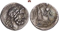 RÖMISCHE MÜNZEN MÜNZEN DER RÖMISCHEN REPUBLIK. AR-Quinar, 88 v. Chr., Rom, Cn. Cornelius Lentulus; 1,84 g. Jupiterkopf r. mit Lorbeerkranz// Victoria steht r. und bekränzt Trophäe. BMC 2443; Crawf. 34