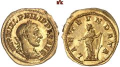 DIE SAMMLUNG ROGER WOLF - CLASSICA ET PATRIA. RÖMISCHE MÜNZEN. MÜNZEN DER RÖMISCHEN KAISERZEIT. Philippus I., 244-249 AV-Aureus, 244, Rom; 5,04 g. Drapierte Büste r. mit Lorbeerkranz//Laetitia steht l