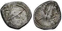 CELTIC COINS GALLIA ALLOBROGES. AR-Quinar, um 100 v. Chr.; 2,31 g. Romakopf r. mit Helm//Hippocamp r. Delestrée/Tache 3126; Slg. Flesche -, vergl. 132. Auf knappem Schrötling, Avers leicht dezentriert