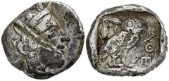 GREEK COINS ATTICA ATHEN. AR-Tetradrachme, um 420/405 v. Chr.; 17,19 g. Athenakopf r. mit attischem Helm//In Incusum: Eule r., dahinter Olivenzweig und Mondsichel. Flament Gruppe III. Prüfeinhiebe auf