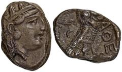 GREEK COINS ATTICA ATHEN. AR-Tetradrachme, um 350/295 v. Chr.; 16,95 g. Athenakopf r. mit attischem Helm//Eule r., dahinter Olivenzweig und Mondsichel. Flament S. 127, Gruppe Pi IV. Ovaler Schrötling,