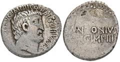 ROMAN COINS IMPERATORISCHE PRÄGUNGEN Marcus Antonius, † 30 v. Chr. AR-Denar, 32 v. Chr., Athen; 3,42 g. Kopf r.//ANTONIVS/AVG IMP III. Bab. 96; BMC 177; Crawf. 542/2; Sear 347; Syd. 1209. Gestopftes L