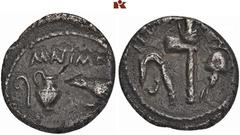 ROMAN COINS IMPERATORISCHE PRÄGUNGEN Marcus Antonius, † 30 v. Chr. und M. Aemilius Lepidus. AR-Quinar, 43 v. Chr., Lagermünzstätte in Gallien; 1,74 g. Lituus, Capis und Rabe//Simpulum, Aspergillum, Ax