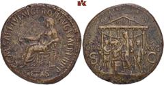 ROMAN COINS MÜNZEN DER RÖMISCHEN KAISERZEIT Gaius Caligula, 37-41. Æ-Sesterz, 39/40, Rom; 28,01 g. Pietas sitzt l. mit Patera, den l. Ellbogen auf Statue gestützt//Sechssäuliger Tempel des Divus Augus