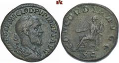 ROMAN COINS MÜNZEN DER RÖMISCHEN KAISERZEIT Pupienus, 238. Æ-Sesterz, Rom; 19,71 g. Drapierte Büste r. mit Lorbeerkranz//Concordia sitzt l. mit Patera und Doppelfüllhorn. BMC 43; Coh. 7; RIC 20. Kratz