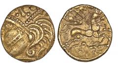 CELTIC COINS CELTIC COINS GALLIA AULERCI EBUROVICES. AV-1/4 Stater, 2./1. Jahrhundert v. Chr.; 1,77 g. Kopf l.//Pferd r. mit Lenker, darunter Wolf. Delestrée/Tache 2393; Slg. Flesche 201 (dies Exempla