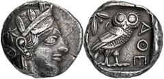 GREEK COINS GREEK COINS ATTICA ATHEN. AR-Tetradrachme, um 440/420 v. Chr.; 17,18 g. Athenakopf r. mit attischem Helm//In Incusum: Eule r., dahinter Olivenzweig und Mondsichel. Flament Gruppe II. Avers