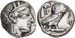 GREEK COINS GREEK COINS ATTICA ATHEN. AR-Tetradrachme, um 420/405 v. Chr.; 17,16 g. Athenakopf r. mit attischem Helm//In Incusum: Eule r., dahinter Olivenzweig und Mondsichel. Flament Gruppe III. Scha