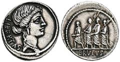 ROMAN COINS ROMAN COINS MÜNZEN DER RÖMISCHEN REPUBLIK AR-Denar, 54 v. Chr., Rom, M. Junius Brutus; 4,16 g. Libertaskopf r.//Der Konsul L. Junius Brutus geht zwischen zwei Liktoren l., davor Accensus. 