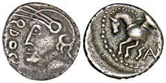 CELTIC COINS GALLIA SEQUANI. Q.Doci Sam f. AR-Quinar, 66/30 v. Chr.; 1,83 g. Q DOCI Kopf l. mit Helm//Q DOCI/SAM Pferd l. Delestrée/Tache 3245; Slg. Flesche 267. Feine Tönung, Revers etwas dezentriert