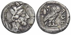 GREEK COINS ATTICA ATHEN. AR-Drachme, um 454/404 v. Chr.; 4,19 g. Athenakopf r. mit attischem Helm//In Incusum: Eule r., dahinter Olivenzweig. SNG München 60 ff. Min. gereinigt, sehr schön Exemplar de
