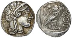 GREEK COINS ATTICA ATHEN. AR-Tetradrachme, um 440/420 v. Chr.; 17,21 g. Athenakopf r. mit attischem Helm//In Incusum: Eule r., dahinter Olivenzweig und Mondsichel. Flament Gruppe II. Winz. Druckstelle