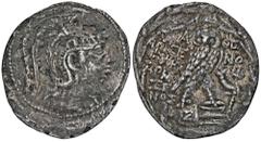 GREEK COINS ATTICA ATHEN. AR-Tetradrachme, Posideon (= Dezember/Januar) 92/91 v. Chr.; 14,93 g. Athenakopf r. mit attischem Helm//Eule auf Amphore mit Z v. v., r. Delphin mit Dreizack. Thompson 1083. 