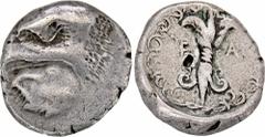 GREEK COINS PELOPONNESUS ELIS. OLYMPIA. AR-Stater, um 408 v. Chr., 93. Olympiade, Zeustempel; 11,79 g. Adlerkopf l., darunter Blatt einer Silberpappel//In Kranz: Blitz. Hoover 350; Seltman 157; Slg. B