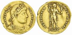 ROMAN COINS MÜNZEN DER RÖMISCHEN KAISERZEIT Valentinianus I., 364-375. AV-Solidus, 364/367, Aquileia; 4,13 g. Drapierte Büste r. mit Rosettendiadem//Kaiser steht r. mit Christogrammstandarte und Victo