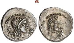 DIE SAMMLUNG DR. W. R., TEIL 8 IMPERATORISCHE PRÄGUNGEN. Cn. Pompeius Magnus Senior, seine Söhne und seine Verbündeten. M. Porcius Cato Uticensis, † 46 v. Chr. AR-Quinar, 47/46 v. Chr., Utica; 2,05 g.