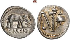 DIE SAMMLUNG DR. W. R., TEIL 8 IMPERATORISCHE PRÄGUNGEN. C. Julius Caesar und seine Verbündeten. C. Julius Caesar, † 44 v. Chr.: Prägungen zu Lebzeiten. AR-Denar, 49 v. Chr., Lagermünzstätte; 3,91 g. 