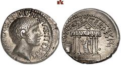 DIE SAMMLUNG DR. W. R., TEIL 8 IMPERATORISCHE PRÄGUNGEN. Octavian. Zeit des 2. Triumvirats (43-32/1 v. Chr.). AR-Denar, 36 v. Chr., italische Münzstätte; 3,90 g. Kopf r.//Viersäuliger Tempel des Divus