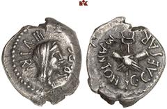 DIE SAMMLUNG DR. W. R., TEIL 8 IMPERATORISCHE PRÄGUNGEN. Octavian. Octavian, und Marc Anton. AR-Quinar, 39 v. Chr., gallische Münzstätte; 1,69 g. Concordiakopf r. mit Schleier//Zwei Hände halten Caduc