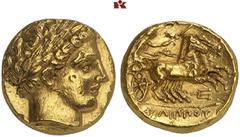 GRIECHISCHE MÜNZEN MACEDONIA. KÖNIGREICH. Philippos II., 359-336 v. Chr. AV-Stater, 340/328 v. Chr., Amphipolis; 8,58 g. Apollokopf r. mit Lorbeerkranz//Biga r., darunter Dreizack. Le Rider 145. Leich