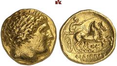 GRIECHISCHE MÜNZEN MACEDONIA. KÖNIGREICH. Philippos II., 359-336 v. Chr. AV-Stater, 340/328 v. Chr., Pella; 8,58 g. Apollokopf r. mit Lorbeerkranz//Biga r., darunter Blitz. Le Rider 78. Gutes sehr sch