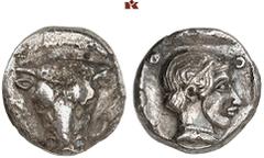 GRIECHISCHE MÜNZEN PHOCIS. FÖDERATION. AR-Triobol, 445/420 v. Chr.; 2,55 g. Stierkopf v. v.//In Incusum: Artemiskopf r. Slg. BCD vergl. 259.3; Williams 256. Min. korrodiert, winz. Kratzer, sehr schön 