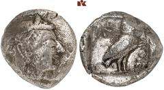GRIECHISCHE MÜNZEN ATTICA. ATHEN. AR-Tetradrachme, vor 500 v. Chr.; 16,85 g. Athenakopf r. mit attischem Helm//In Incusum: Eule r., dahinter Olivenzweig. Seltman Gruppe H, vergl. 303 (Avers stempelgle