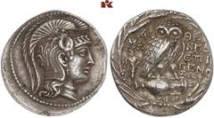 GRIECHISCHE MÜNZEN ATTICA. ATHEN. AR-Tetradrachme, Maimakterion (= November/Dezember) 135 v. Chr.; 16,61 g. Athenakopf r. mit attischem Helm//In Kranz: Eule auf Amphore mit E v. v., l. Asklepios mit S