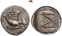 GRIECHISCHE MÜNZEN PELOPONNESUS. SICYONIA. SIKYON. AR-Triobol, um 90/60 v. Chr., Magistrat Polykrates; 2,30 g. Taube fliegt r.//In Incusum: Σ. BMC 199 var.; Slg. BCD 340.1. Feine Tönung, fast vorzügli