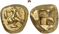 GRIECHISCHE MÜNZEN MYSIA. KYZIKOS. El-Stater, 500/450 v. Chr.; 16,07 g. Delphinreiter l. mit Thunfisch, darunter Thunfisch//Viergeteiltes Incusum. SNG France 251; v. Fritze 110. RR Sehr schön Exemplar